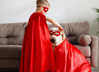 boy and his dog dressed like superheroes in red masks and red capes
