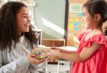 Teacher Appreciation Featured Image with a young student giving a gift to her teacher